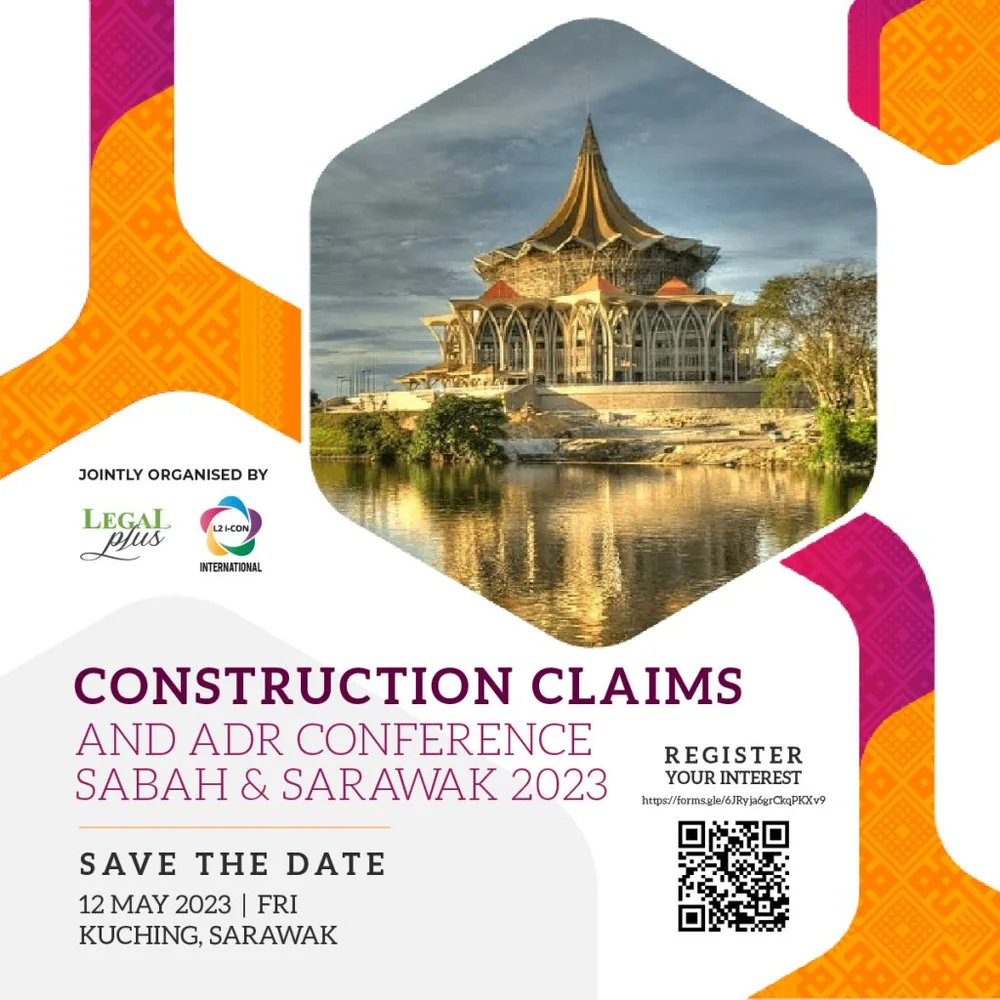 Event banner for Construction Claims and ADR Conference Sabah & Sarawak 2023.
