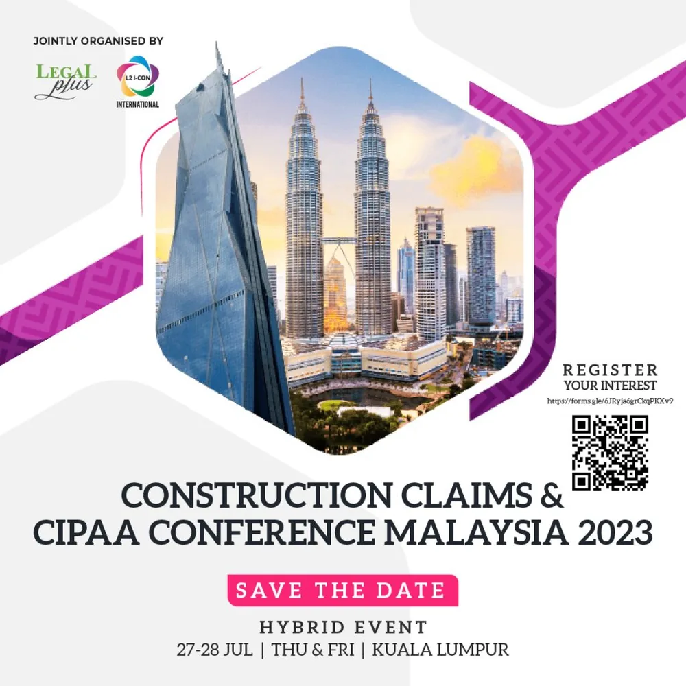 Event banner for Construction Claims & CIPAA Conference Malaysia 2023.