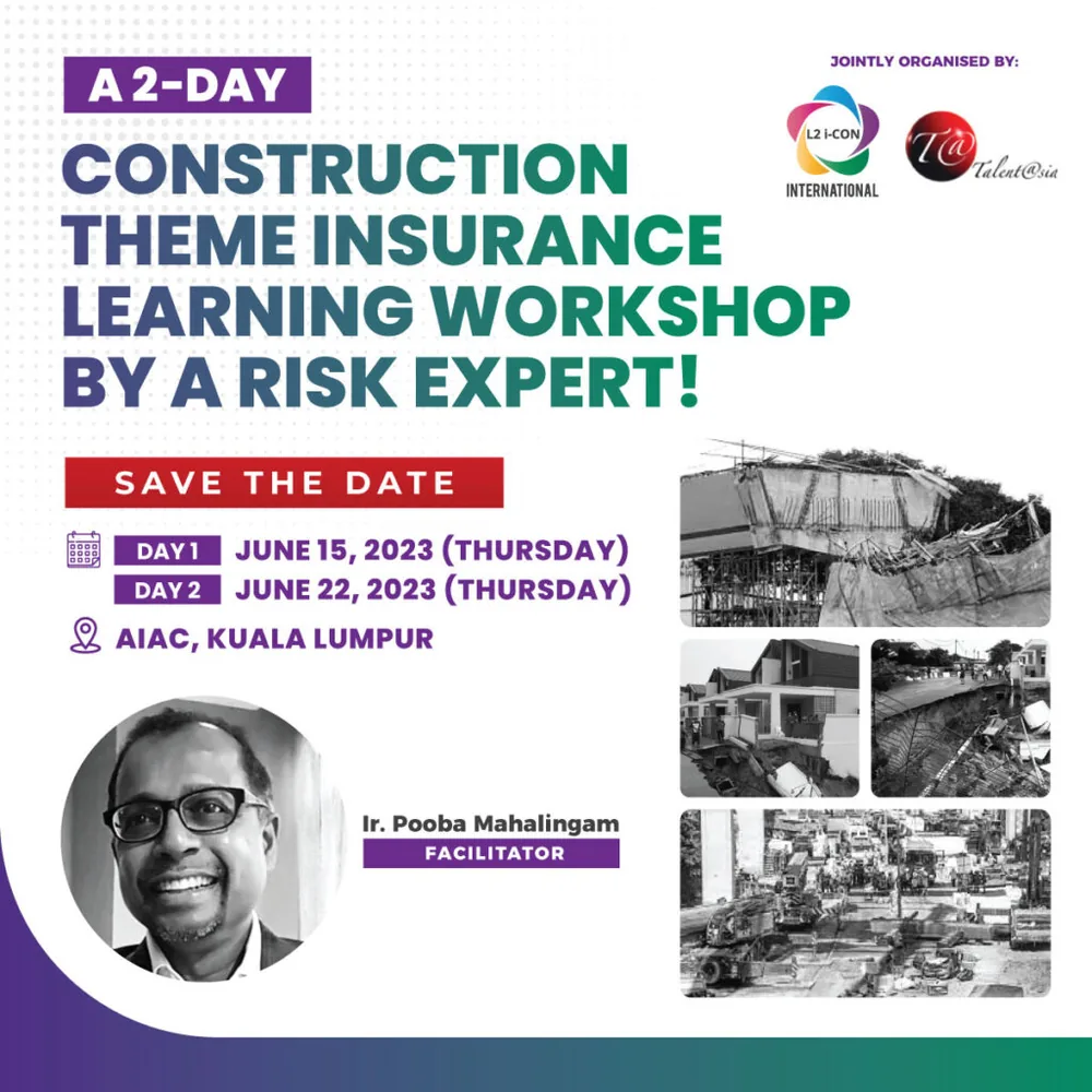 Event banner for Construction Insurance Workshop by Ir. Pooba Mahalingam.