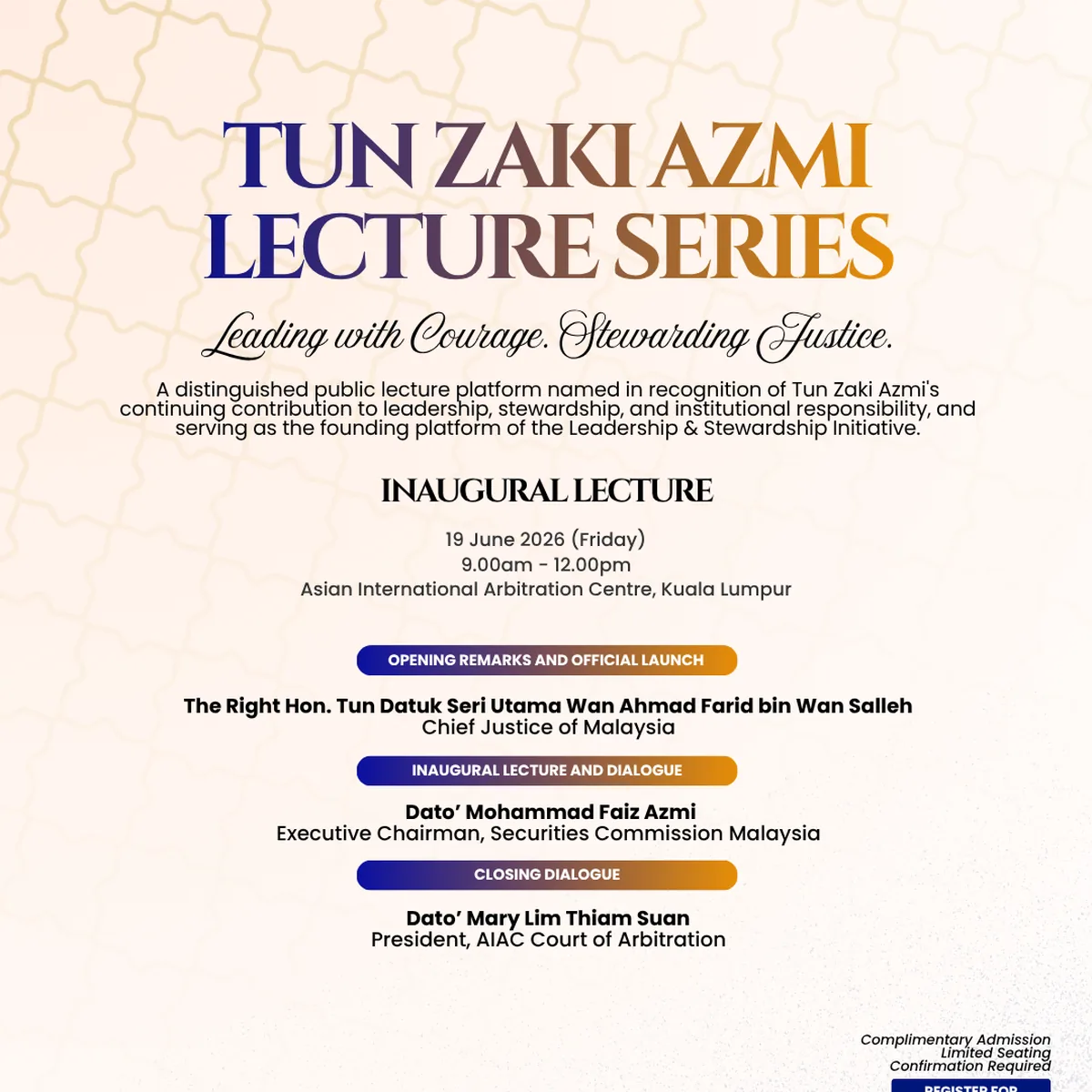 Poster for Inaugural Tun Zaki Azmi Lecture Series.